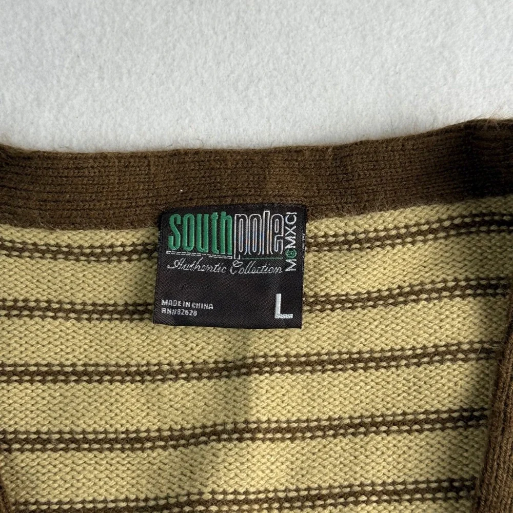 Southpole Mens Striped Knit Cardigan Sweater Brown Tan V-Neck Button Front Large
